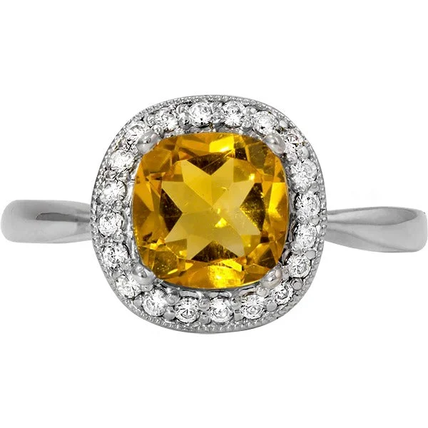 Women’s rings with engraved constellations for stars -Citrine & Round Diamond Halo Ring