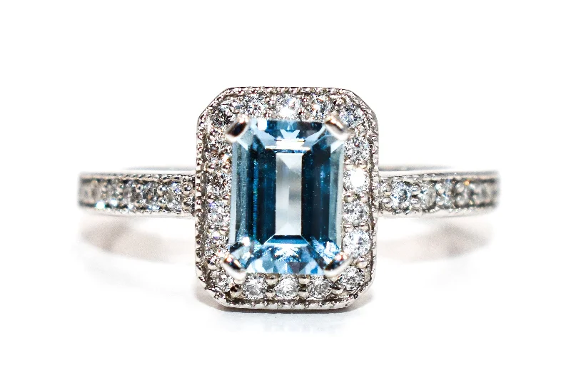 Women’s rings with raw moonstone for mystique -Emerald Cut Aquamarine Diamond Halo Ring