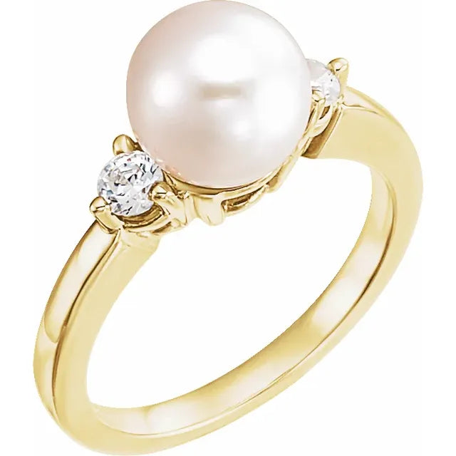 Women’s rings with aquamarine gems for calm -Freshwater Pearl & Diamond Ring