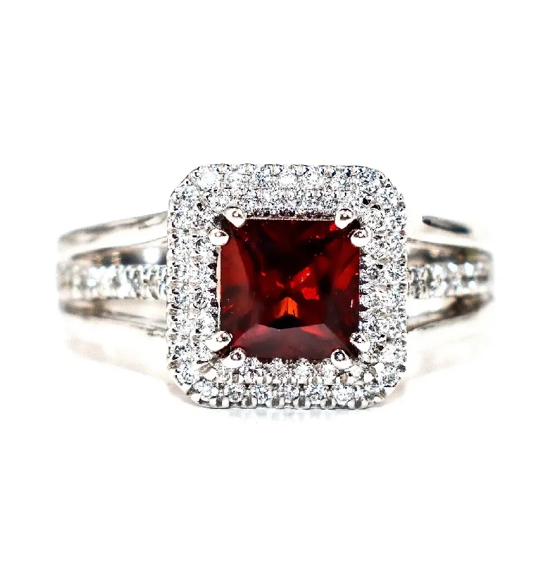 Women’s dainty rings with floral opal motifs -Garnet & Round Diamond Double Halo Ring