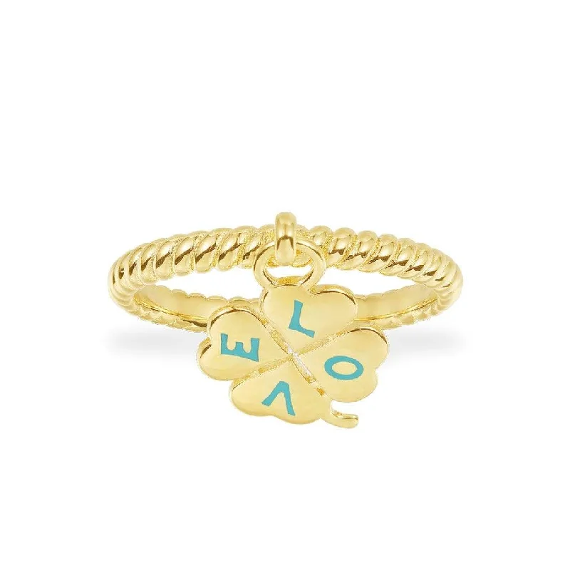 Women’s rings with raw turquoise for texture -Lagoon Blue LOVE Four-Leaf Clover Ring - Yellow Silver