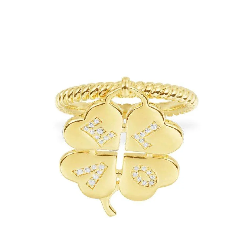 Women’s rings with etched initials for meaning -LOVE Four-Leaf Clover Ring - Yellow Silver