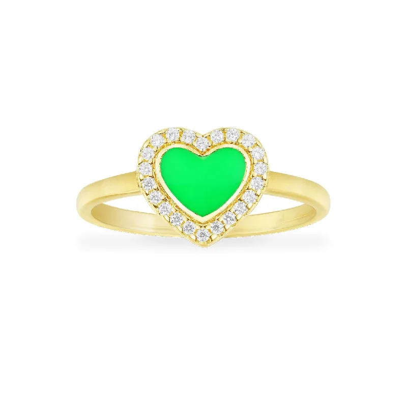 Women’s rings with carved rose quartz designs -Neon Green Heart Ring - Yellow Silver