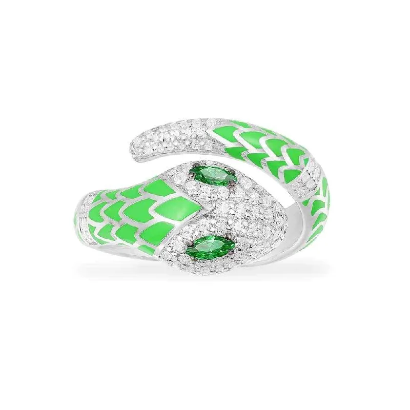 Women’s rings with herkimer diamonds for clarity -Neon Green Serpent Wrap Ring - White Silver