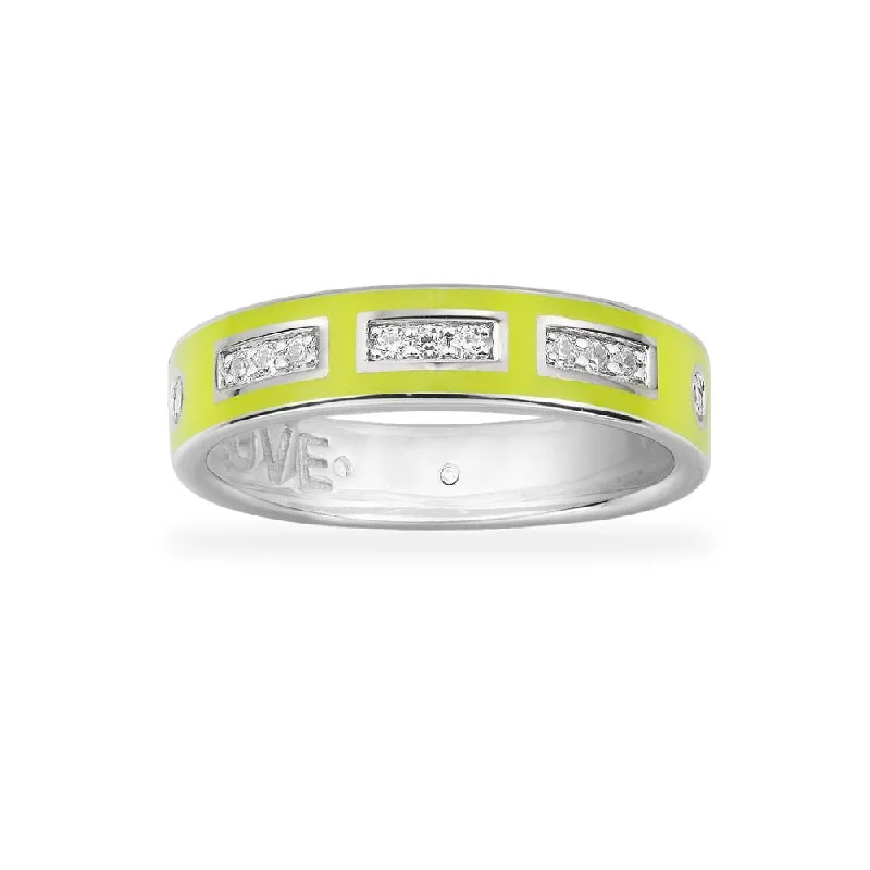 Women’s rings with rainbow moonstone for play -Neon Yellow LOVE Morse Code Ring - White Silver