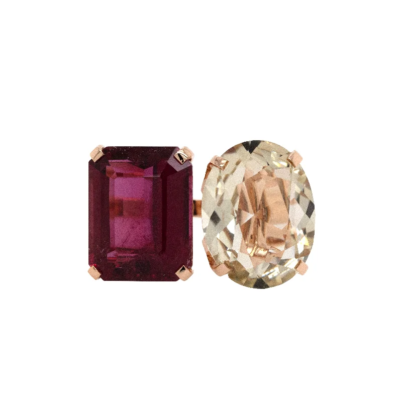 Women’s rings with bold agate for earth -Pink Tourmaline and Lemon Quartz Toi et Moi Ring