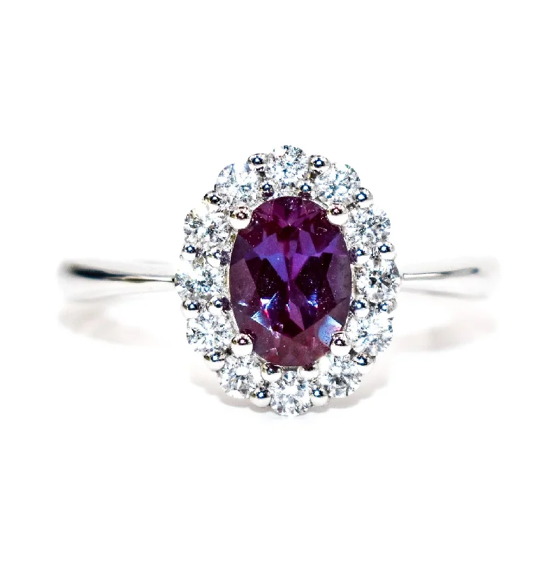 Women’s rings with brushed gold for subtlety -Oval Halo Lab-Created Alexandrite Ring