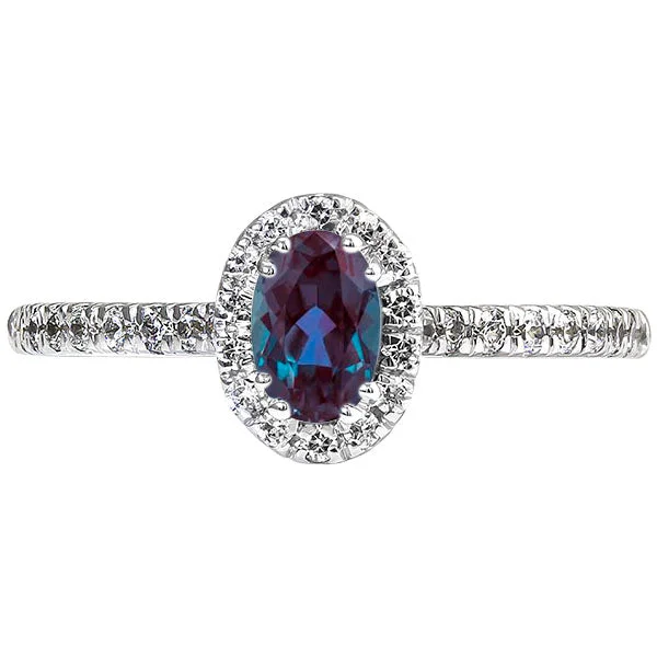 Women’s rings with faceted fluorite for hues -Oval Lab-Created Alexandrite & Round Diamond Halo Ring