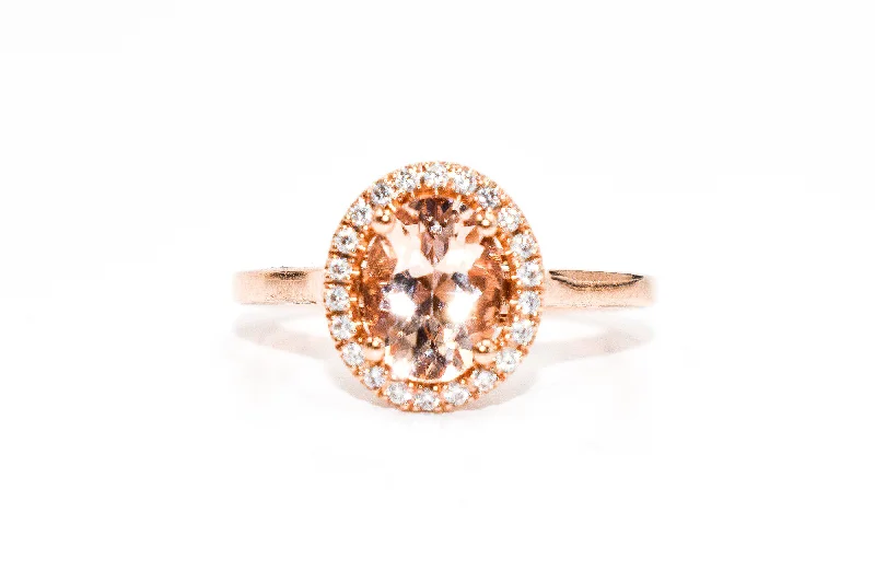 Women’s rings with raw turquoise for texture -Oval Morganite Diamond Halo Ring