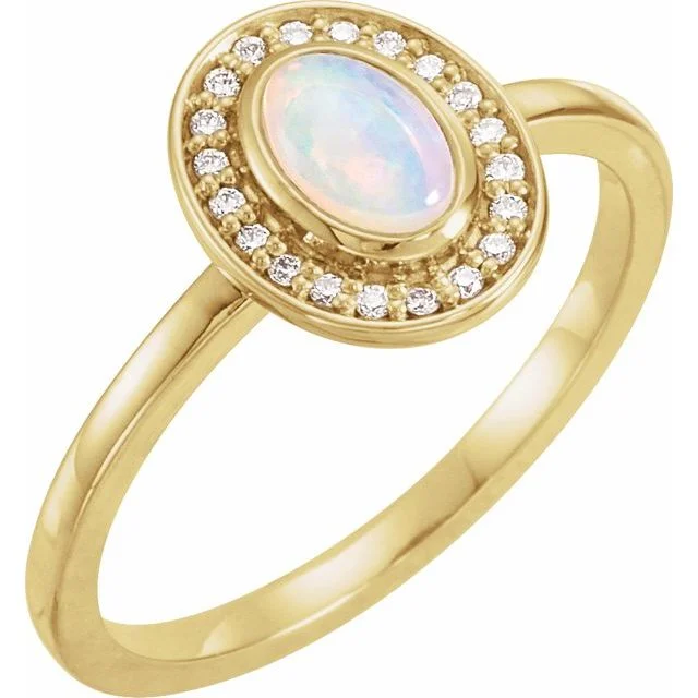 Women’s rings with spiral onyx for contrast -Oval Opal & Round Diamond Halo Ring