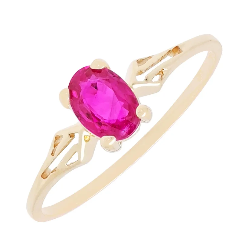 Women’s rings with engraved floral band patterns -Oval Ruby Ring in 14kt Yellow Gold