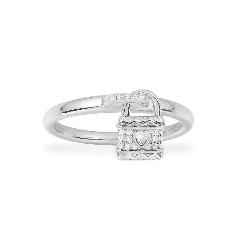 Women’s rings with rainbow moonstone for play -Paved Heart Lock Charm Ring - White Silver