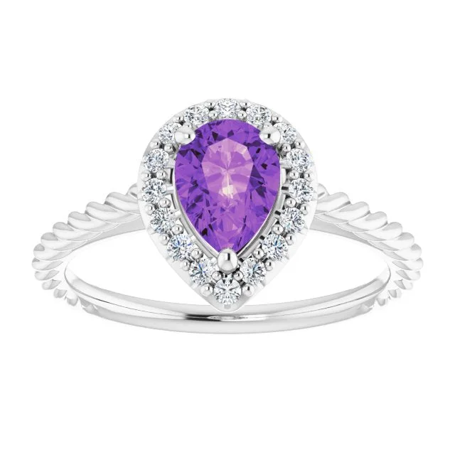 Women’s rings with butterfly motifs for whimsy -Pear Shape Amethyst Round Diamond Halo Twist Ring