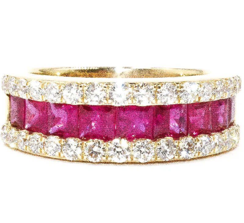 Women’s rings with rough garnet for rugged -Princess Ruby & Round Diamond Band