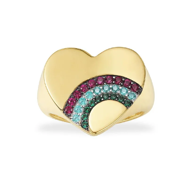 Women’s rings with polished peacock ore glow -Heart Signet Ring - Yellow Silver