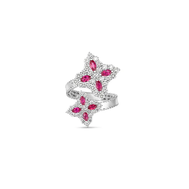 Women’s rings with pearl clusters for elegance -Roberto Coin Princess Flower 18K White Gold Diamond and Ruby Crossover Ring