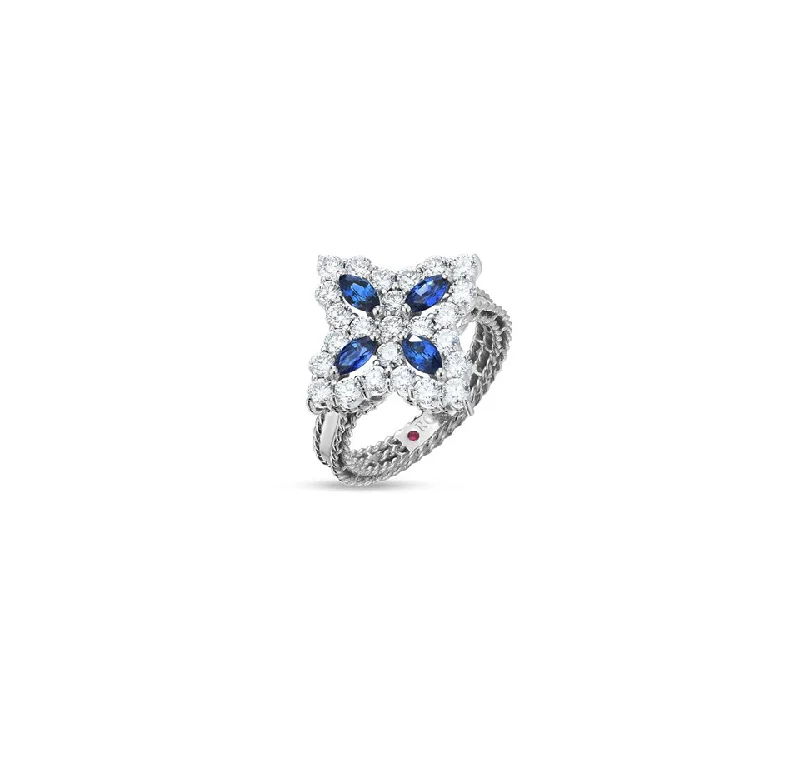 Women’s rings with knot designs for symbolism -Roberto Coin Princess Flower 18K White Gold Diamond and Sapphire Ring