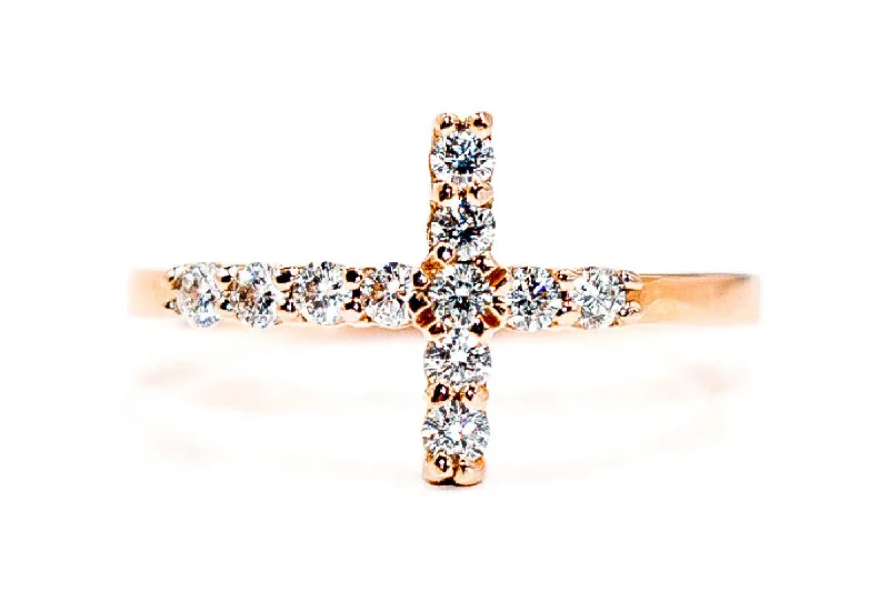 Women’s rings with rough sapphire for chic -Rose Gold Round Diamond Sideways Cross Ring