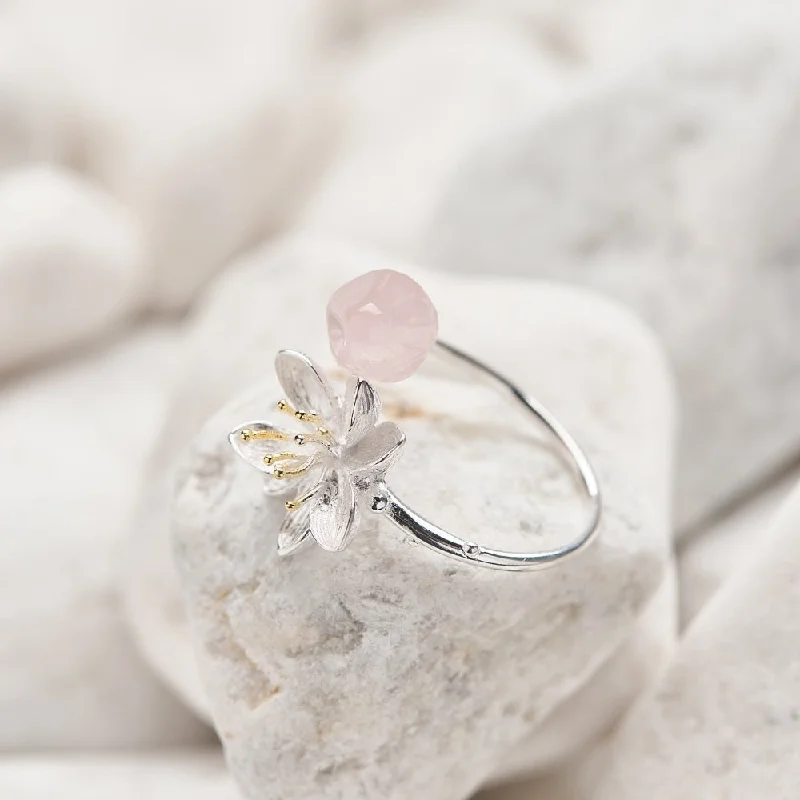 Women’s rings with carved rose quartz designs -Rose Quartz Lotus Handmade Crystal Ring