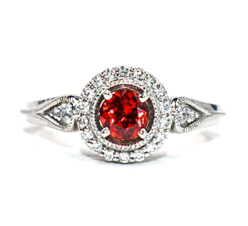 Women’s rings with citrine stones for warmth -Round Garnet Diamond Halo Ring