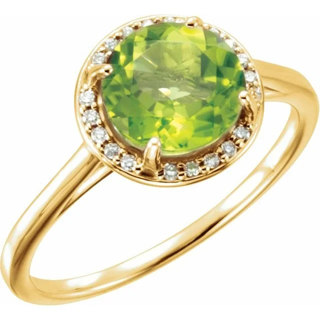 Women’s rings with knot designs for symbolism -Round Peridot & Diamond Halo Ring