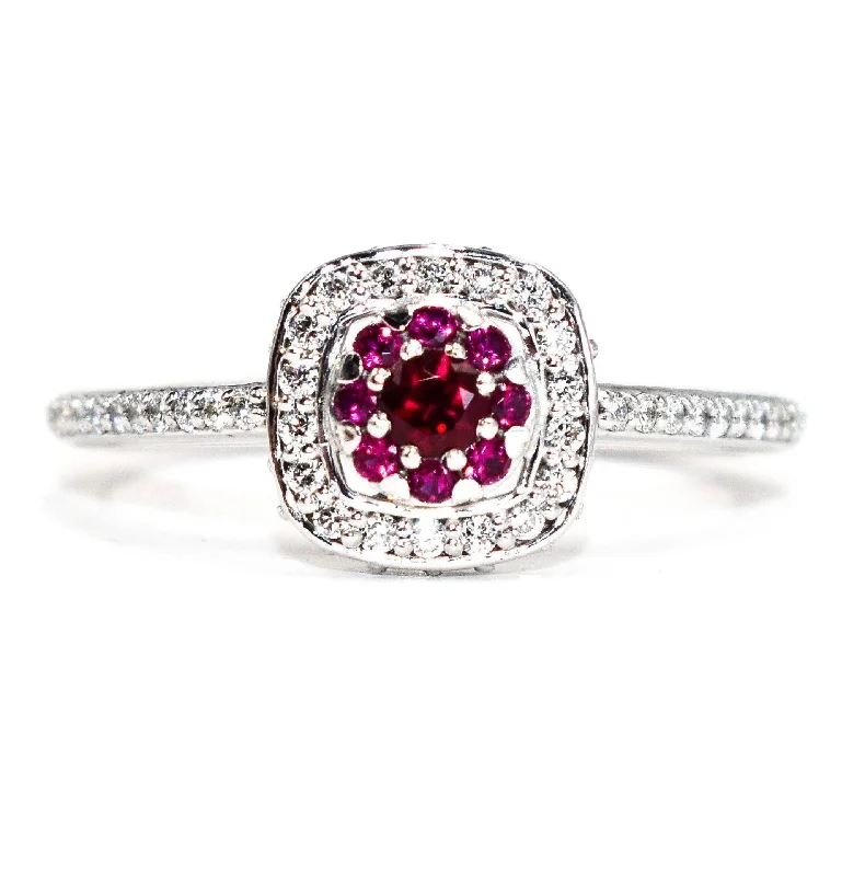 Women’s rings with topaz gems for brilliance -Ruby Cluster Diamond Halo Ring