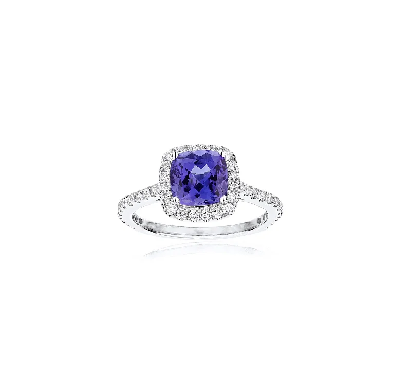 Women’s rings with polished jade for calm -Sabel Collection 14K White Gold Cushion Tanzanite and Diamond Ring