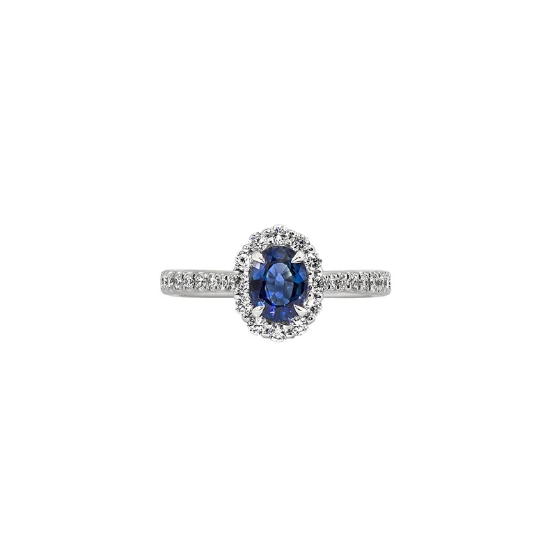 Women’s statement rings with large coral gems -Sabel Collection 14K White Gold Oval Sapphire and Round Diamond Halo Ring