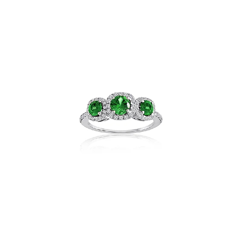 Women’s rings with vintage claw prong settings -Sabel Collection 14K White Gold Round Emerald and Diamond Three-Stone Ring