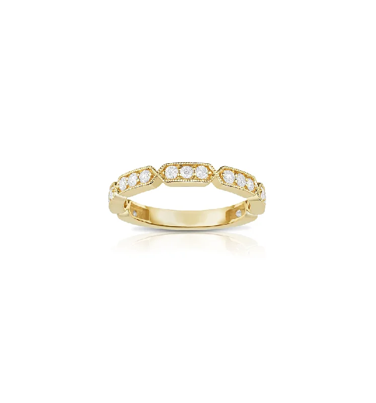 Women’s slim rings with pave sapphire accents -Sabel Collection 14K Yellow Gold Round Diamond Milgrain Detail Ring