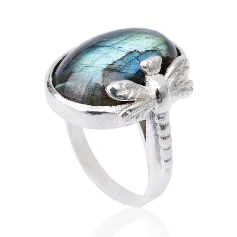 Women’s rings with hematite for metallic shine -Sterling Silver Labradorite Crystal Ring