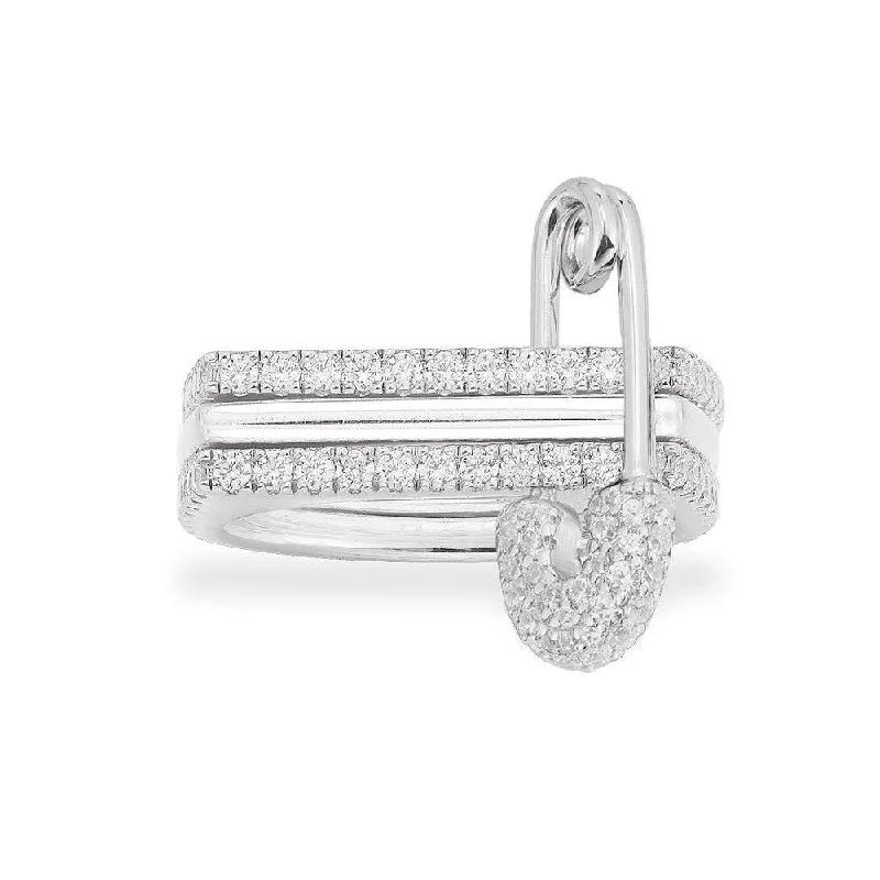 Women’s rings with pave topaz for dazzle -Triple Hoop Safety Pin Ring - White Silver