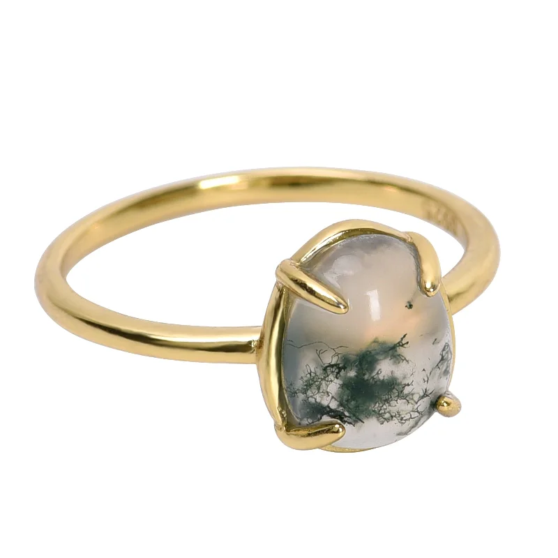 Women’s statement rings with large coral gems -Vintage Green Moss Agate Ring