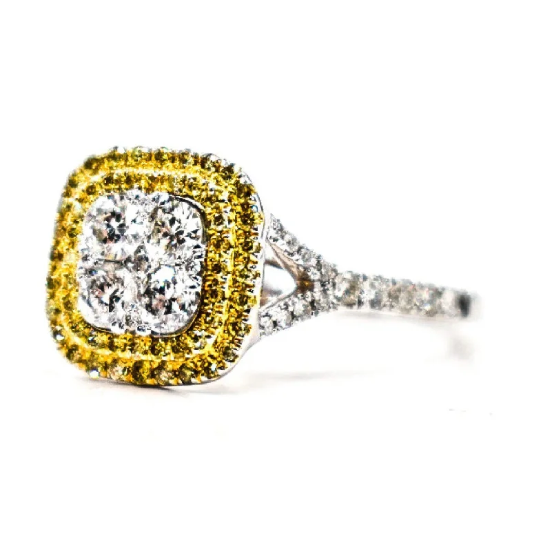 Women’s slim rings with pave sapphire accents -White And Yellow Diamond Cluster Ring