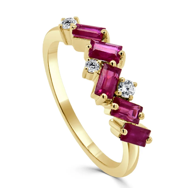 Women’s rings with crown-inspired topaz designs -Yellow Gold, Baguette Ruby & Diamond Ring