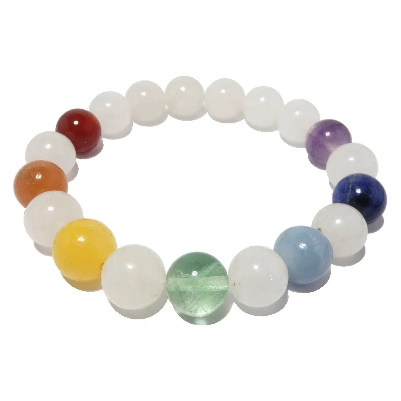 Wide bangle bracelets with bright gemstone accents for a bold, vibrant style-Chakra Bracelet White Snow Quartz Rainbow Kisses