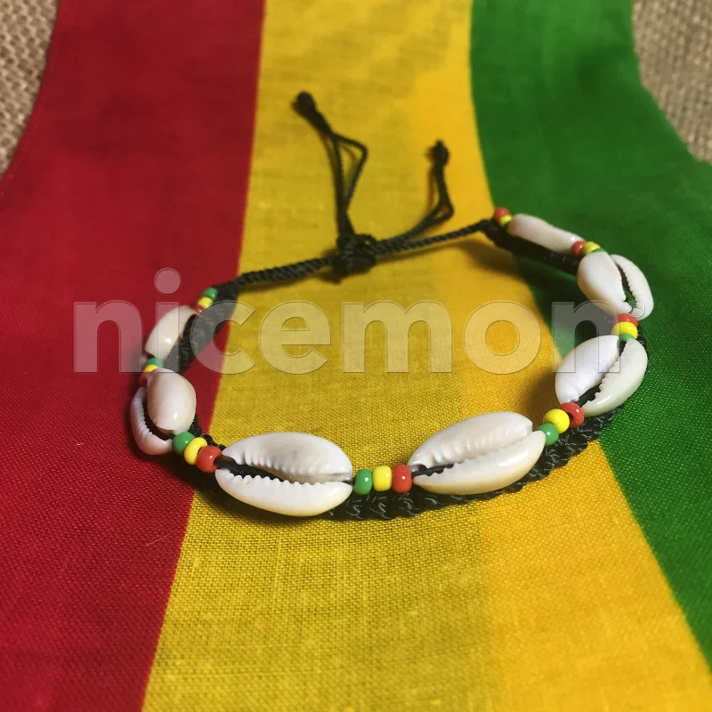 Best bangle bracelets for stacking with delicate and thin designs for layering-Anklet Bracelet Reggae Forever Rasta Shell Stripe Beaded Band Cuff Reggae Surfer BOHO