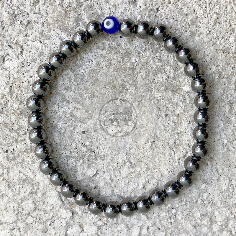 Oversized bangle bracelets with unique textures for a statement-making accessory-Hematite Stretch Ball Bracelet Evil Eye Protection Hippie Hobo 4mm / 5mm 1SZ