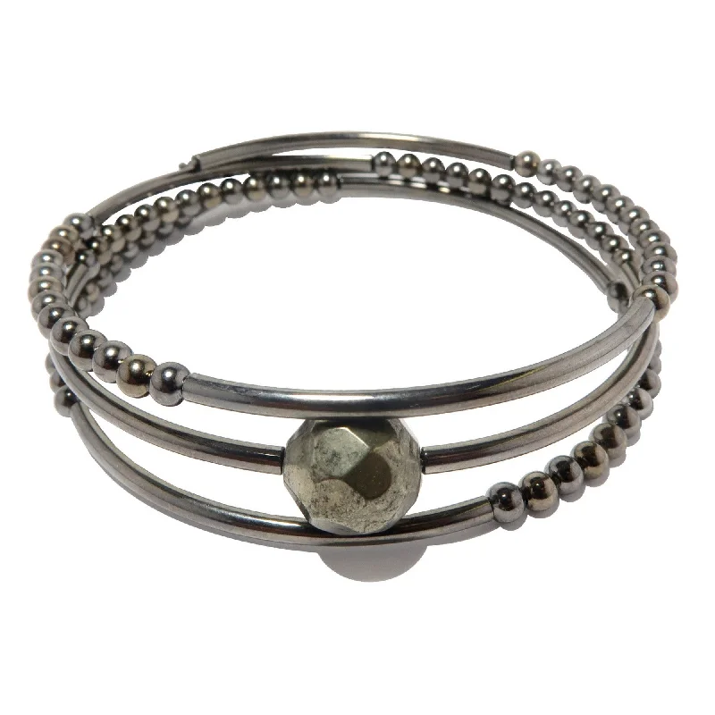 Best bangle bracelets with natural wood for a unique and earthy aesthetic-Pyrite Bracelet Gold Faceted Bead Memory Wire Coil