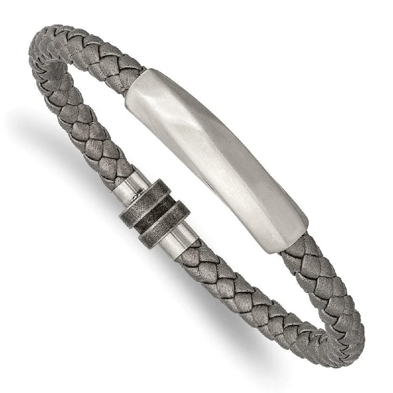 Bangle bracelets with polished marble inlays for a chic and trendy appearance-Stainless Steel Antiqued and Brushed Grey Leather 8.25in Bracelet