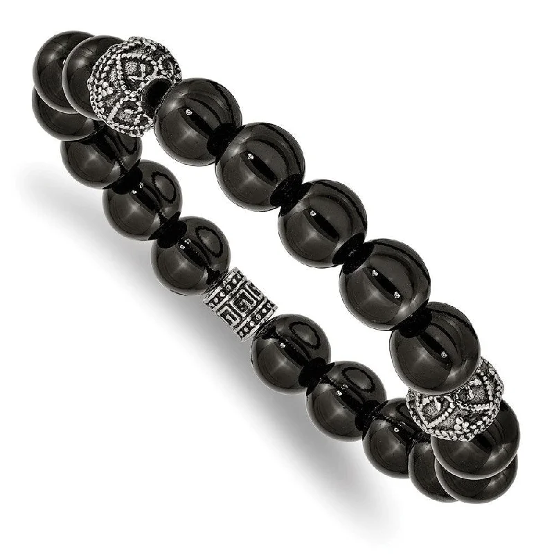 Best bangle bracelets with customizable charms for a personalized, unique piece-Stainless Steel Antiqued and Polished Black Agate Beaded Stretch Bracelet