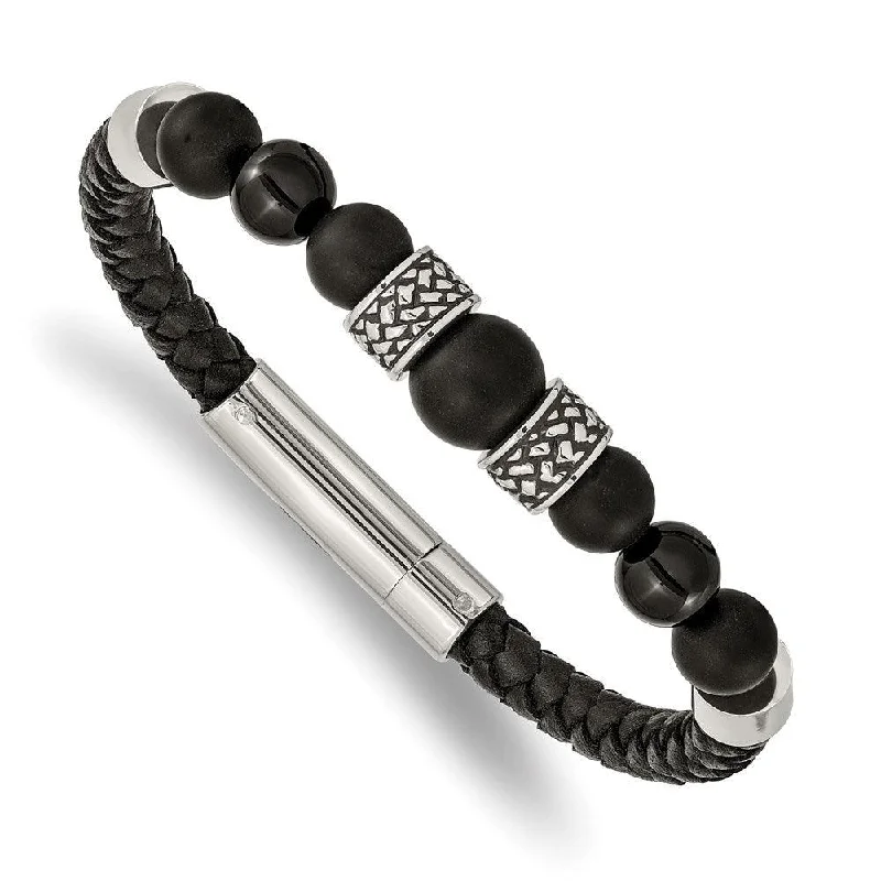 Traditional gold bangle bracelets with a smooth finish for a classic look-Stainless Steel Antiqued and Polished Black Agate Leather 8.25in Bracelet