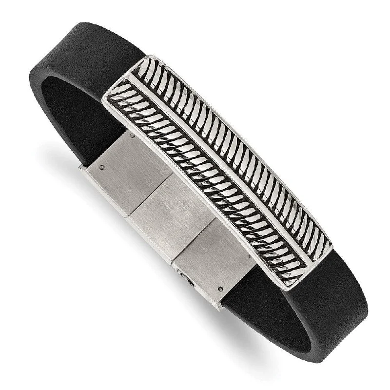 Simple bangle bracelets with smooth matte finishes for a subtle and modern style-Stainless Steel Antiqued and Polished Black Leather w/.5in ext 8in Bracelet