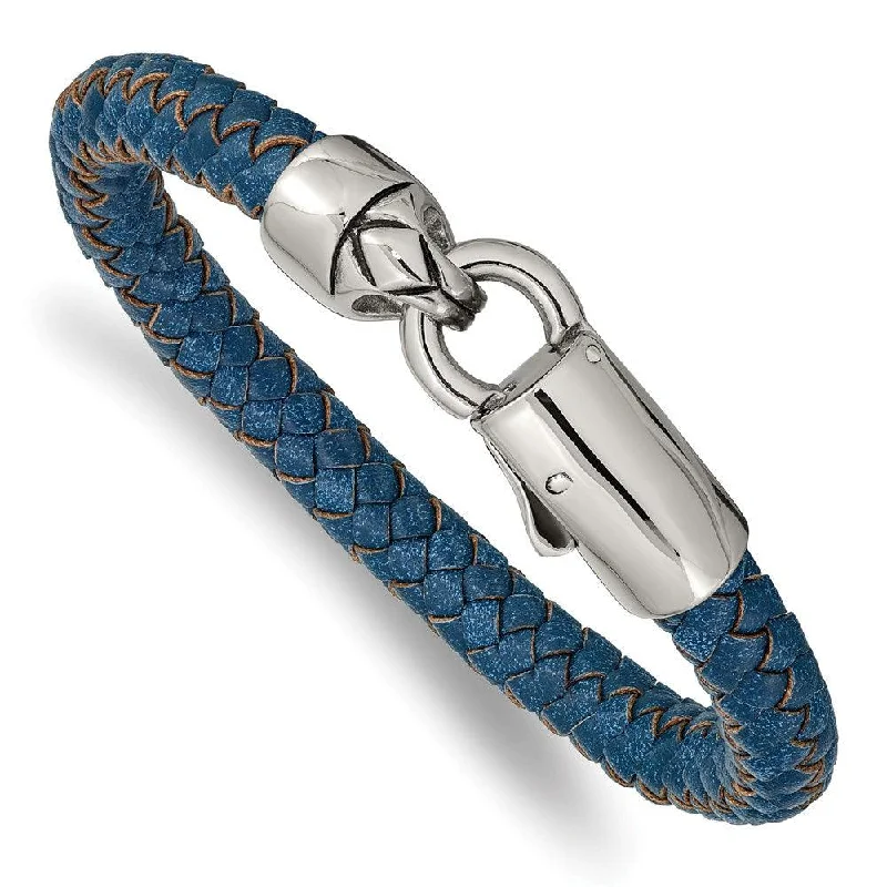 Best bangle bracelets with hand-crafted details for a unique and artisanal touch-Stainless Steel Antiqued and Polished Blue Leather 8.25in Bracelet