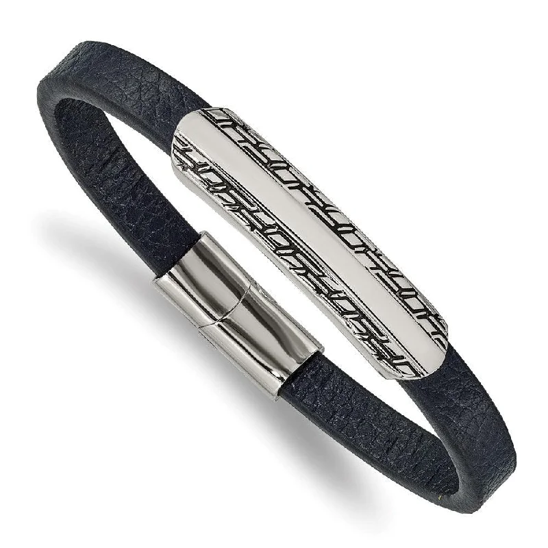 Best bangle bracelets with stacked designs for a trendy and fashionable look-Stainless Steel Antiqued and Polished Blue Leather 8.25in Bracelet