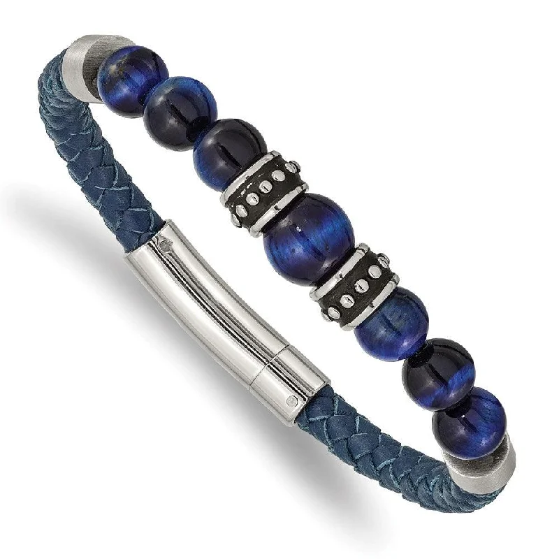 Best bangle bracelets with animal motif designs for a quirky, fun accessory-Stainless Steel Antiqued and Polished Blue Tiger's Eye Leather Bracelet