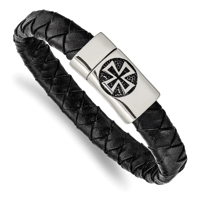 Best bangle bracelets with cubic zirconia for a dazzling and affordable alternative to diamonds-Stainless Steel Antiqued and Polished Cross Black Leather 8.5in Bracelet