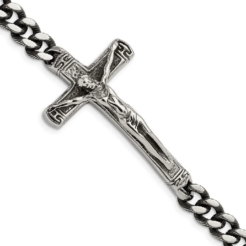 Best bangle bracelets with infinity symbols for a timeless and meaningful design-Stainless Steel Antiqued and Polished Crucifix 8.75in Bracelet