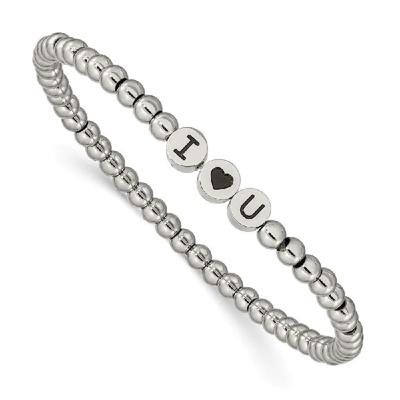 Elegant bangle bracelets with diamond-shaped stones for a sophisticated look-Stainless Steel Antiqued and Polished I HEART U Stretch Bracelet