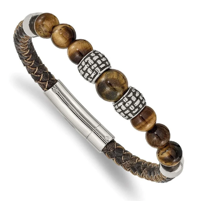 Vintage-inspired bangle bracelets with antique finishes for a retro, nostalgic style-Stainless Steel Antiqued and Polished Tiger's Eye Leather 8.5in Bracelet